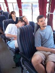 On the bus back to Athens. Note Forrest has assumed his typical travelling position.