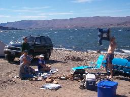 The wind wasn't so great for camping.  Here it airs out Garrett's shirt.