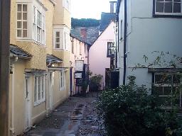 Looking down the alley at the hotel.