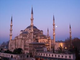 The Blue Mosque at dawn (that white thing is the moon).