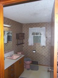 Piece de Resistance: The upstairs bathroom.  Sparkly ceiling, great wallpaper, pink fixtures, no ventilation at all.