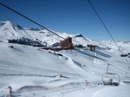 On the lift, looking back at the hotel.