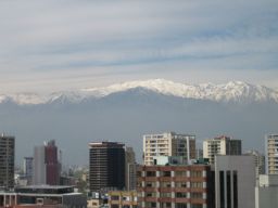 Climbing up Cerro Santa Lucia, looking across town at the Andes.