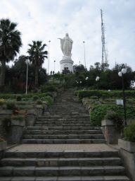 Looking up at the Virgin Mary.